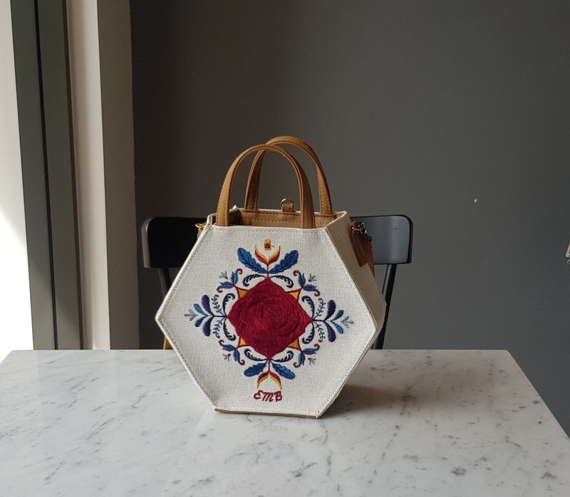 包包 EMBROIDERER BANGKOK-hexa bag (cream) - 手提包/手提袋 - 绣线 白色