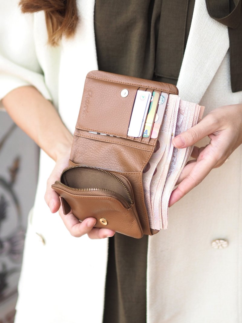 Souffle 真牛皮折叠钱包/短夹 ;柔软的触感 - 棕褐色 - 皮夹/钱包 - 真皮 咖啡色