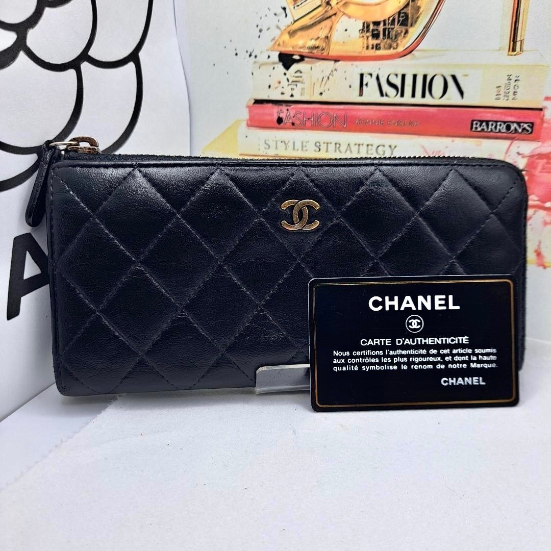 稀有中古包 Chanel 黑金色小羊皮革长夹 皮夹 钱包 二手包 古董包 - 皮夹/钱包 - 真皮 黑色