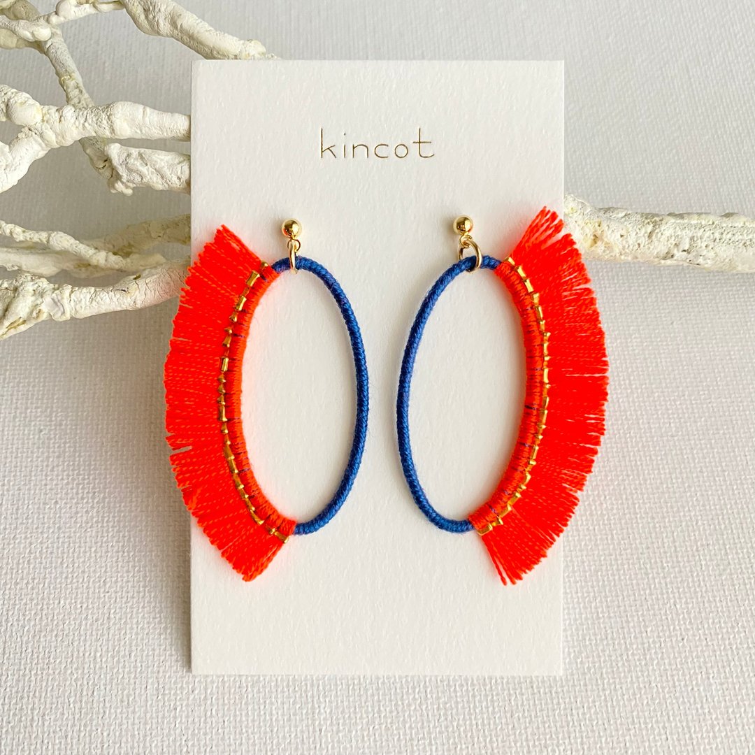 Clinière Earrings・Clip-On[Navy x Orange] - 耳环/耳夹 - 棉 橘色