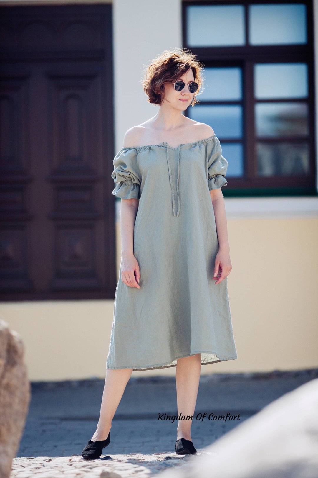 Linen dress Off The Shoulder Soft relaxed fit linen dress PAULA  Handmade - 洋装/连衣裙 - 亚麻 多色