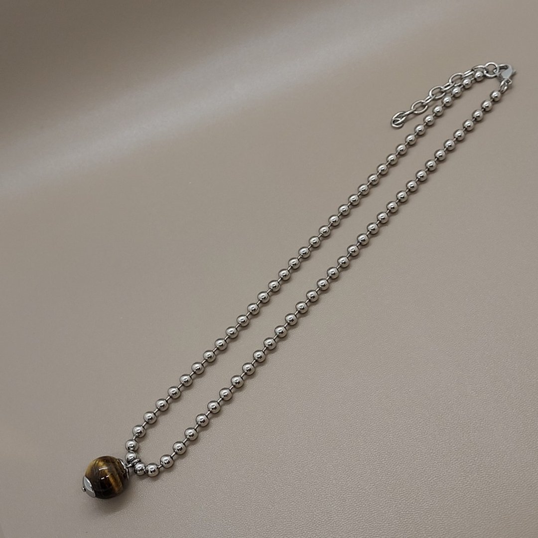 虎眼石 14mm 配316L不锈钢波波颈錬 - 项链 - 半宝石 