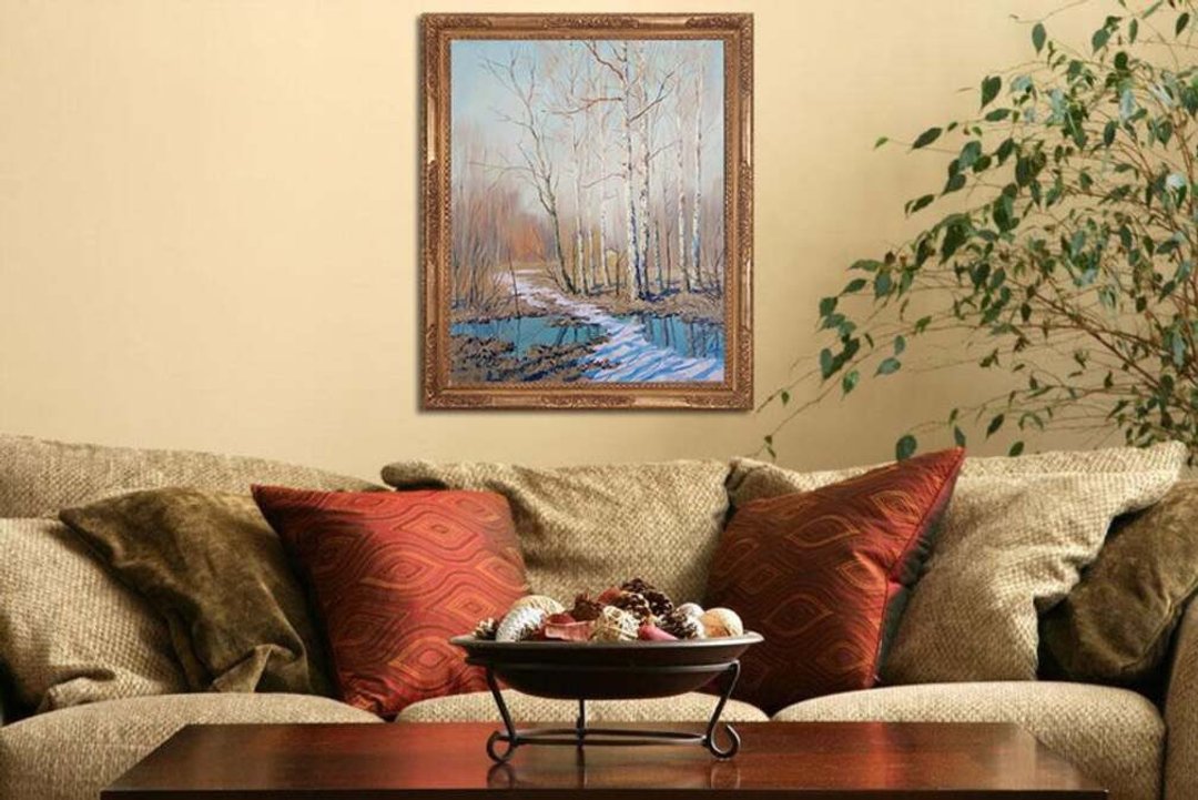 Early Spring Landscape Last Snow Birches Forest Original Oil Painting on Canvas - 墙贴/壁贴 - 其他材质 蓝色