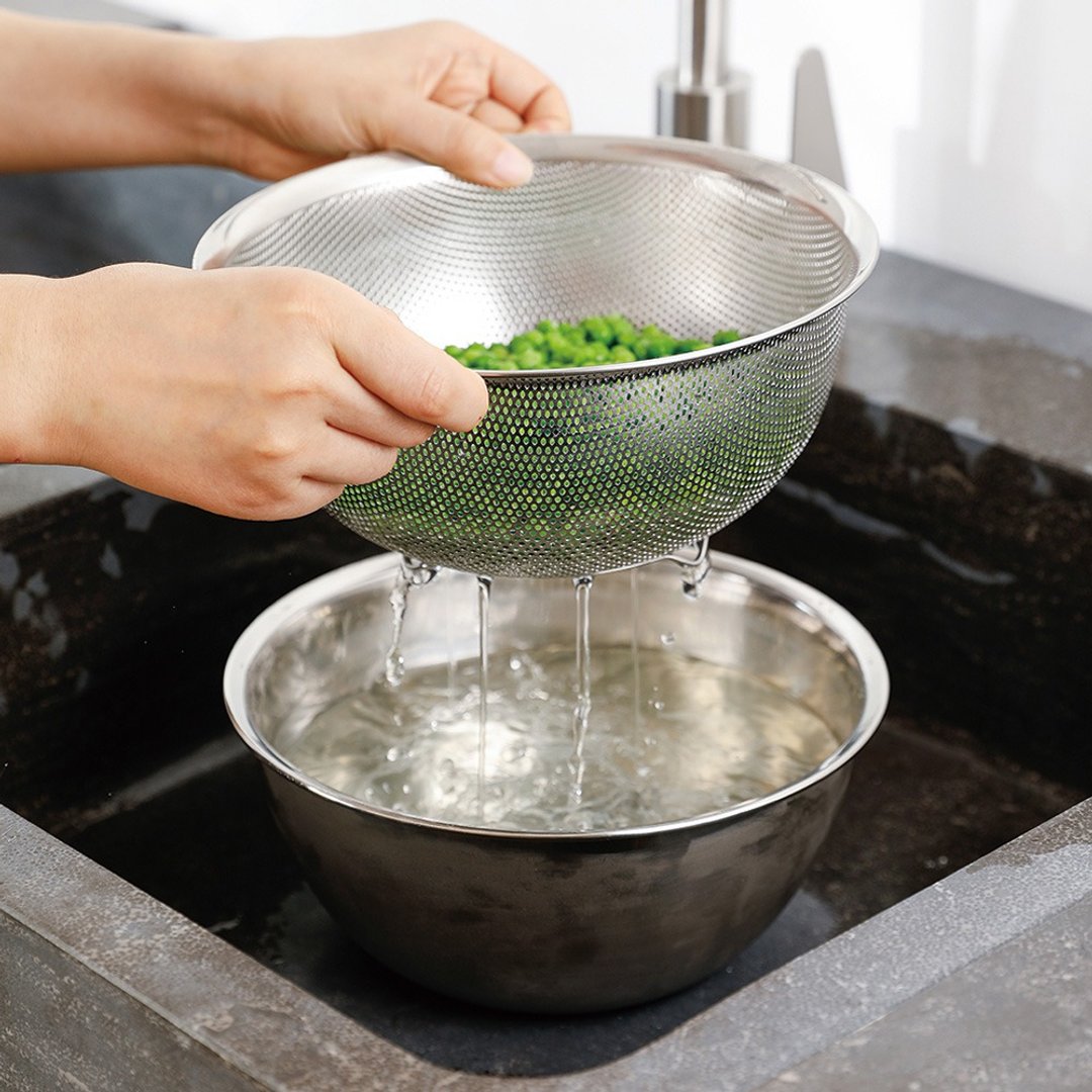 日本霜山 304不锈钢料理用调理盆+沥水盆2件组-18CM - 厨房用具 - 不锈钢 银色