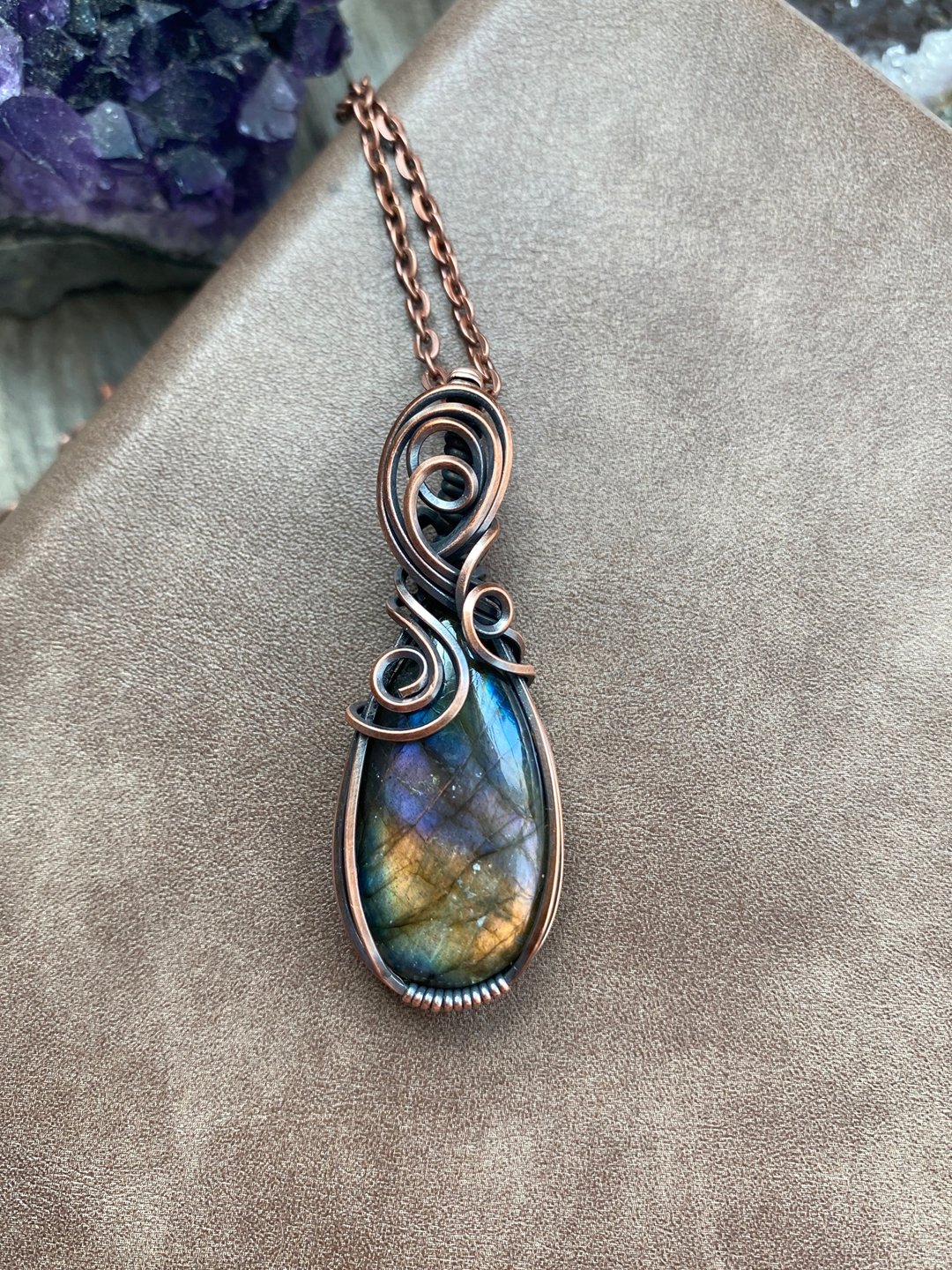 WW101 全手工编织 绕铜线 复古做旧 wire wrap 拉长石吊咀 - 项链 - 铜/黄铜 咖啡色