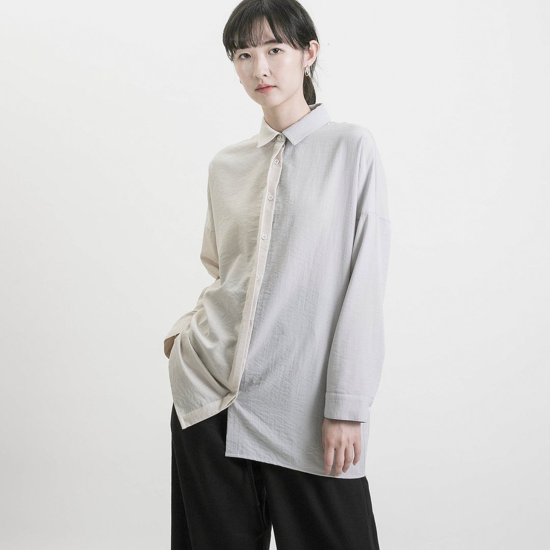 Boundary_界线拼色衬衫_9SF050_浅灰/裸 - 女装衬衫 - 棉 灰色