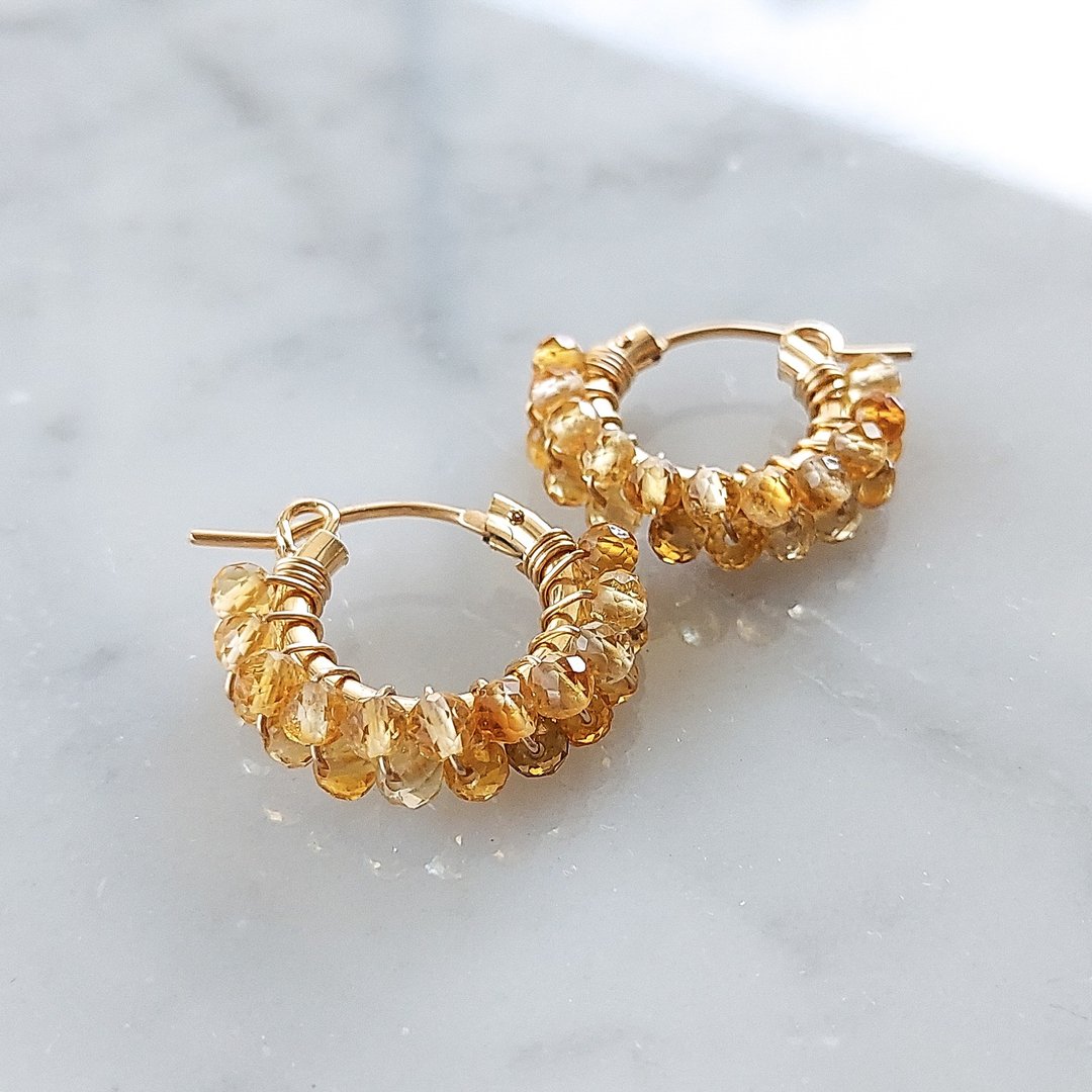 14kgf Citrine W wrapped hoop 耳环 / 耳夹 - 耳环/耳夹 - 宝石 黄色
