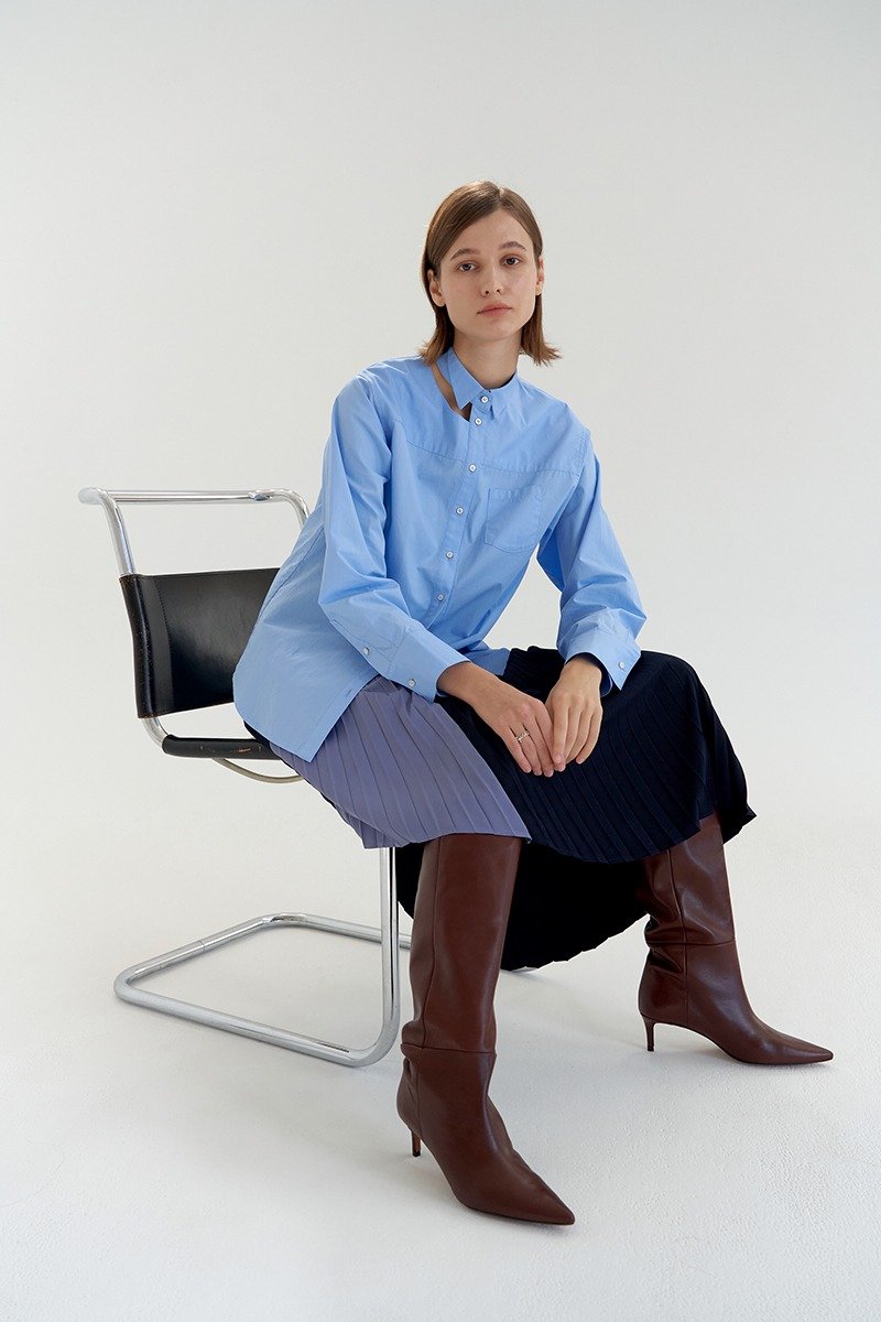 不对称拼色百褶裙-深蓝/天蓝 - 裙子 - 聚酯纤维 蓝色