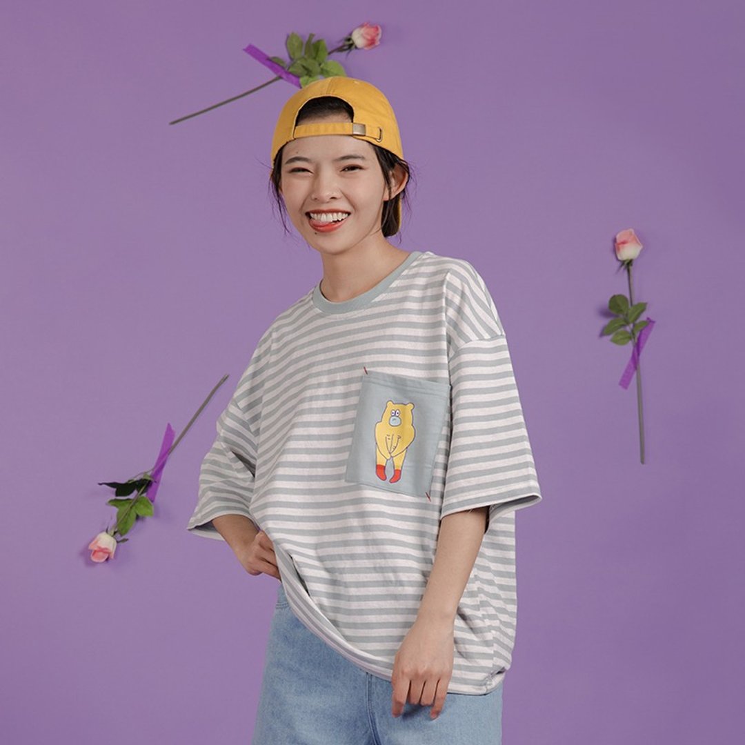 odd maker 口袋熊条纹纯棉短袖 - 女装 T 恤 - 棉 