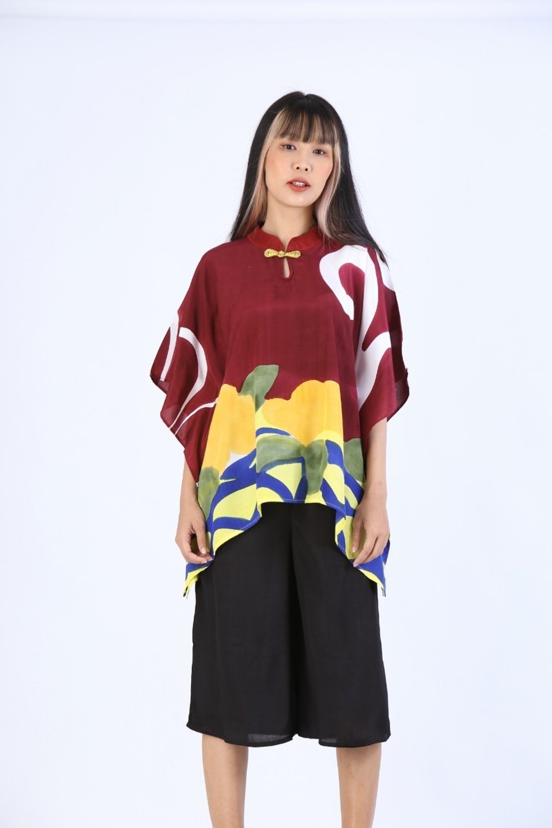 Poncho Blouse Chinese Style Cotton Silk Free size - 女装上衣 - 棉 红色