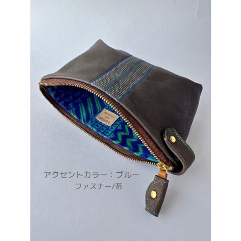 Pinkoi 代购 -  M 号刺绣袋“蓝色针迹”木炭 x蓝（山羊皮） - 化妆包/杂物包 - 真皮 