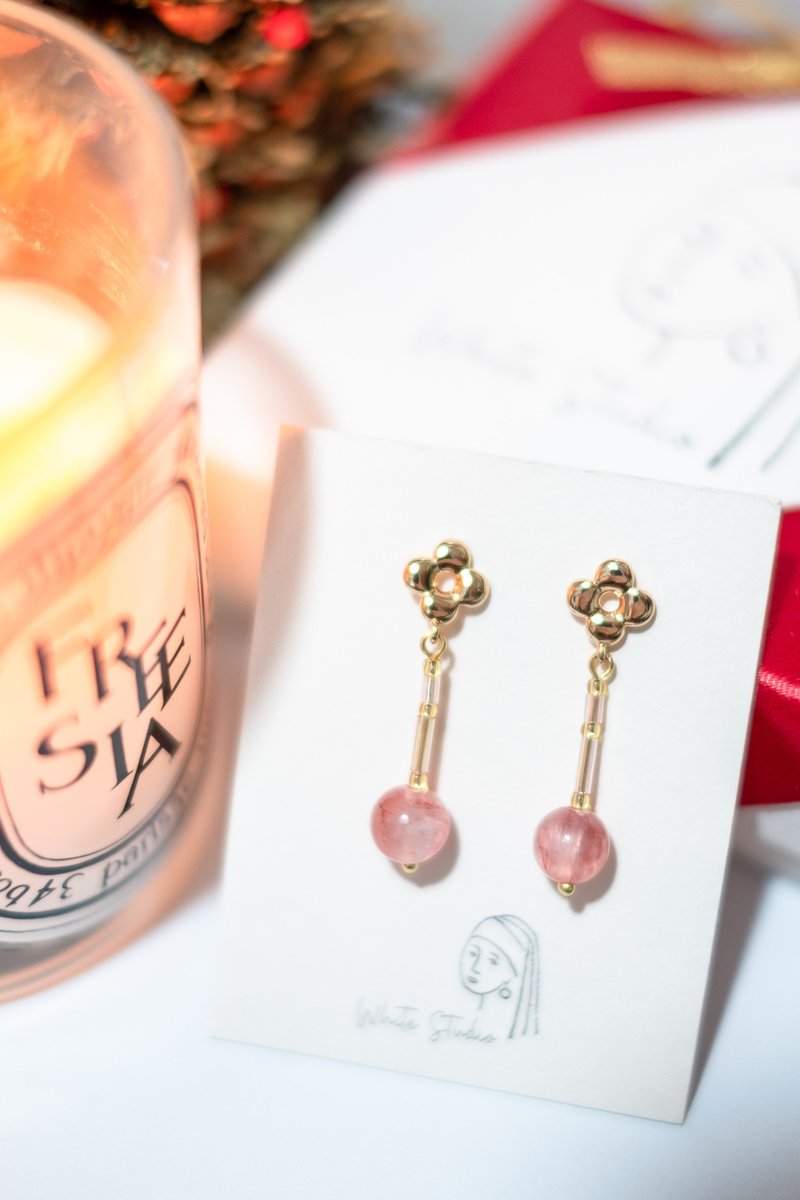 【月老红线】 好姻缘红纹石 纯银耳针 天然晶石 - 耳环/耳夹 - 水晶 粉红色