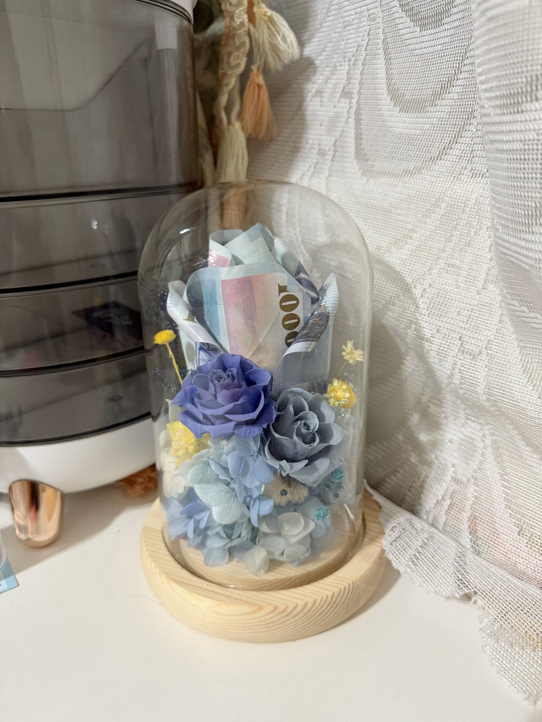 (可定制)有钱花 永生花 钞票花 有钱花永生玫瑰玻璃罩 送礼 - 干燥花/捧花 - 植物．花 红色