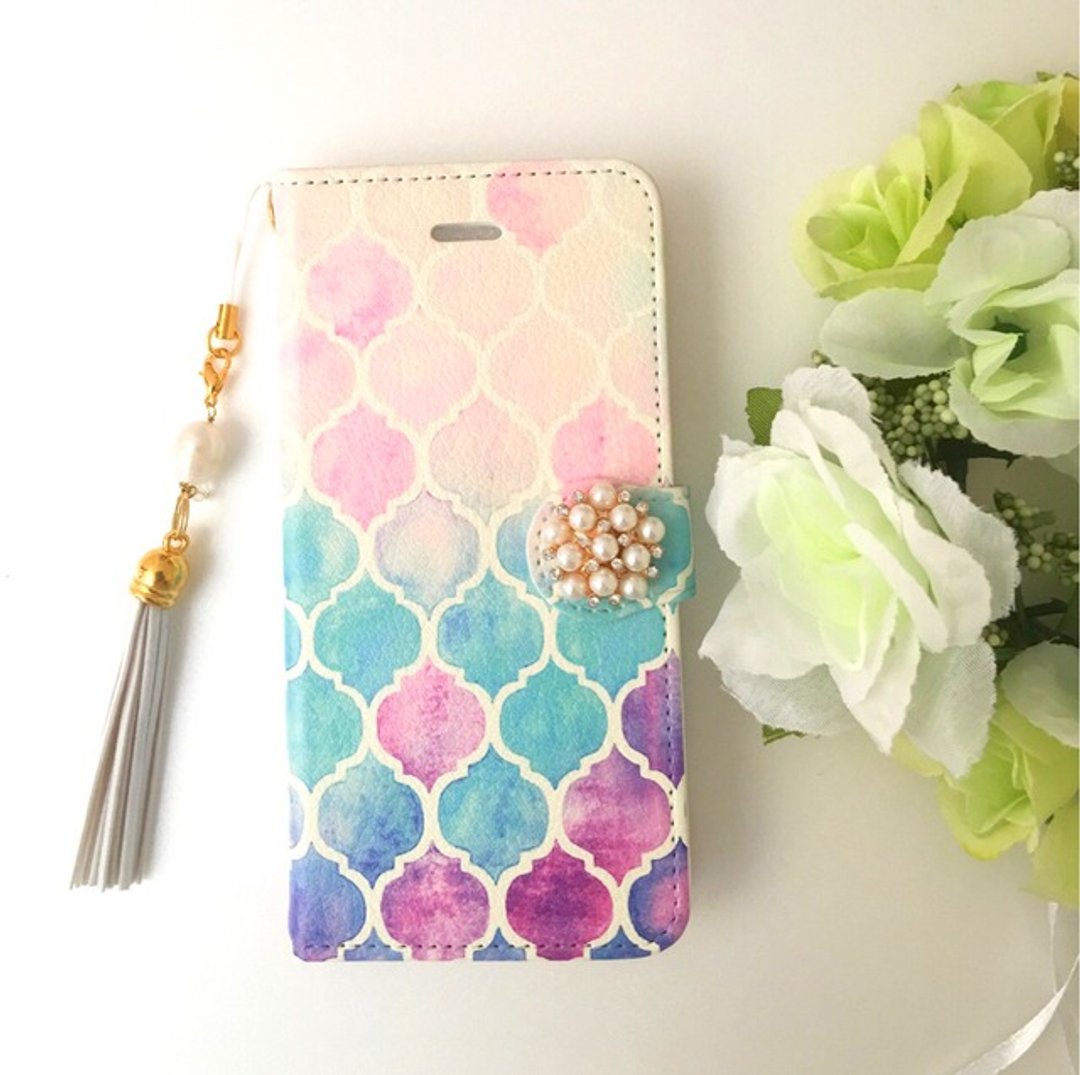 [Pajour] (Watercolor paint) Moroccan pattern notebook type smartphone case [iPhone] [Notebook] [Moroccan pattern] - 手机壳/手机套 - 真皮 紫色