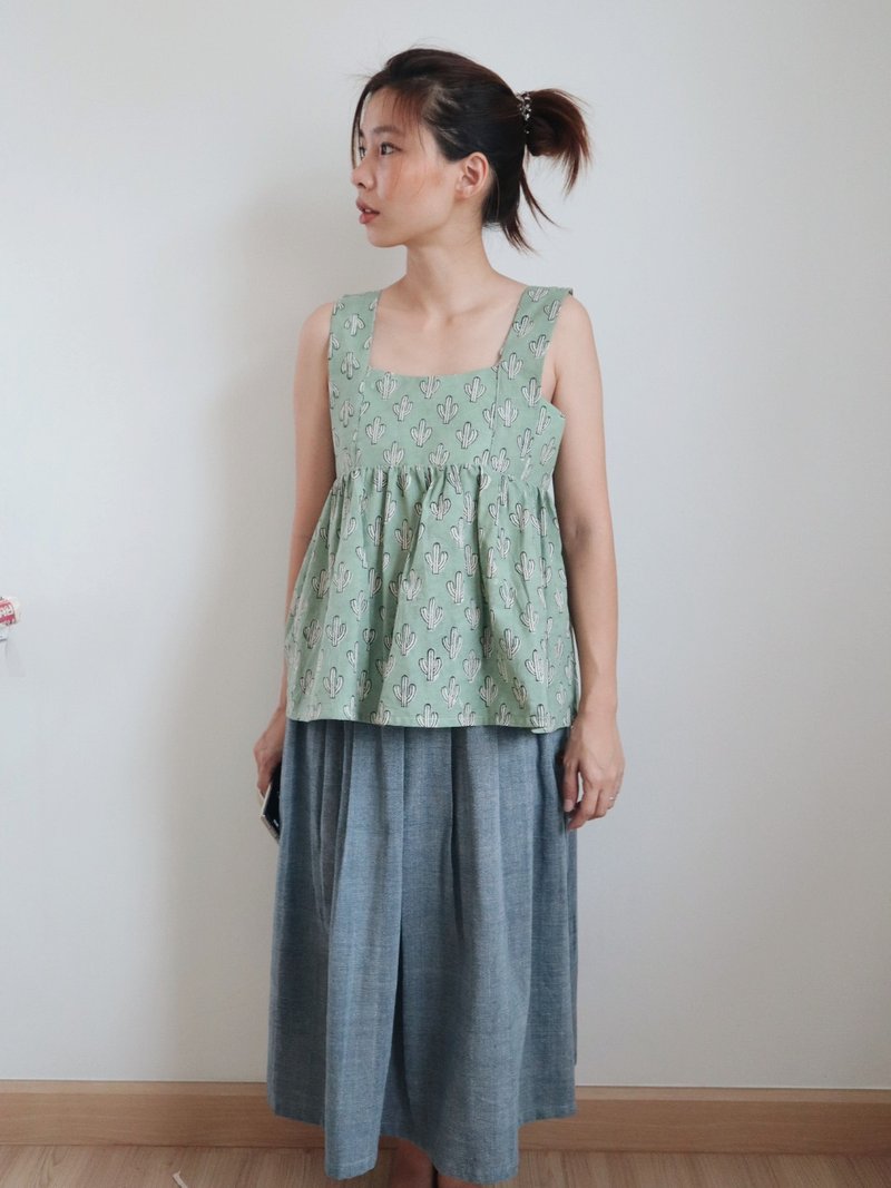 【กล่องของขวัญ】【โปร 11.11】Leaf Tank top Indian wood stamps Light Green Cactus :) - 女装上衣 - 棉．麻 绿色