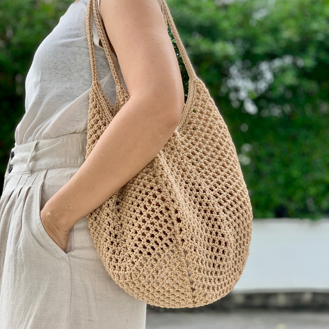 Linen Crochet Tote Bag in Ovaltine Color  手工钩针编织 - 手提包/手提袋 - 聚酯纤维 咖啡色