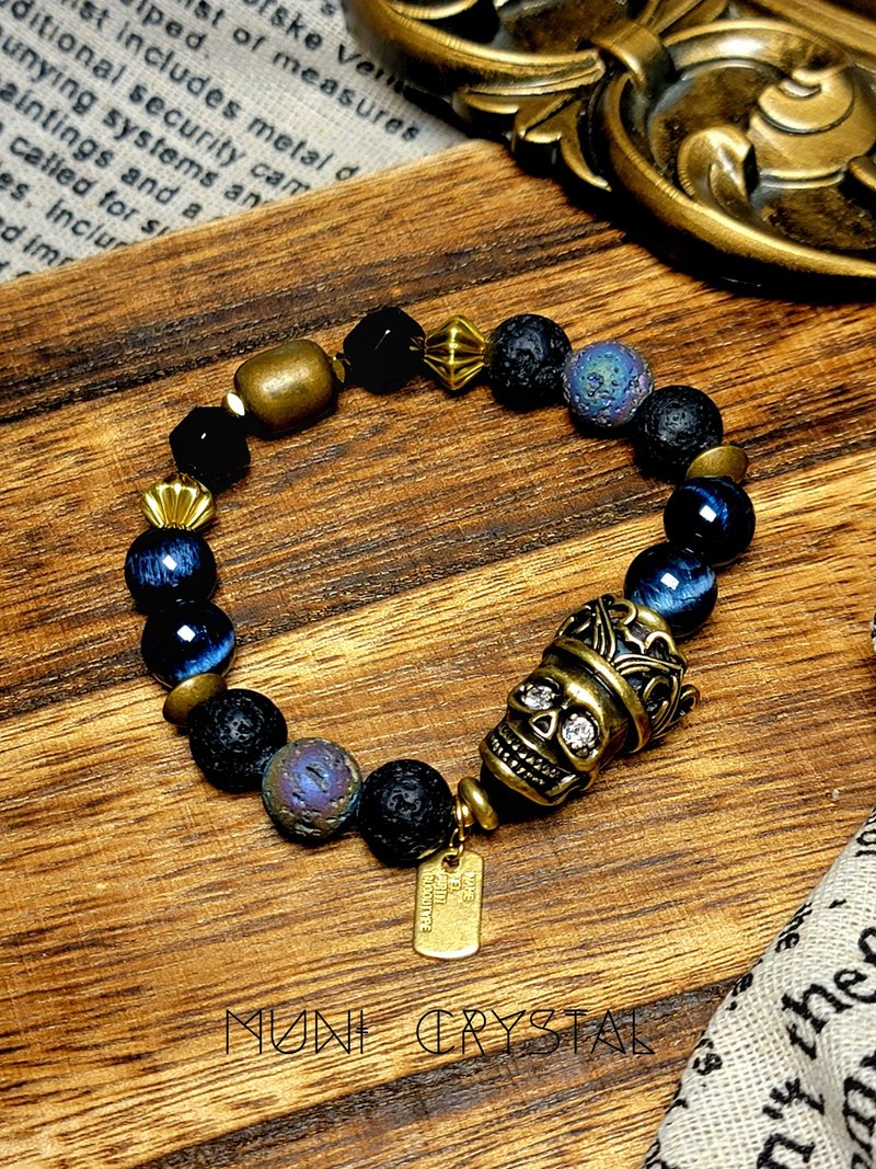 。幽冥王者。黄铜复古怀旧蓝虎眼火山岩黑玛瑙欧美风时尚个性设计 - 手链/手环 - 铜/黄铜 蓝色