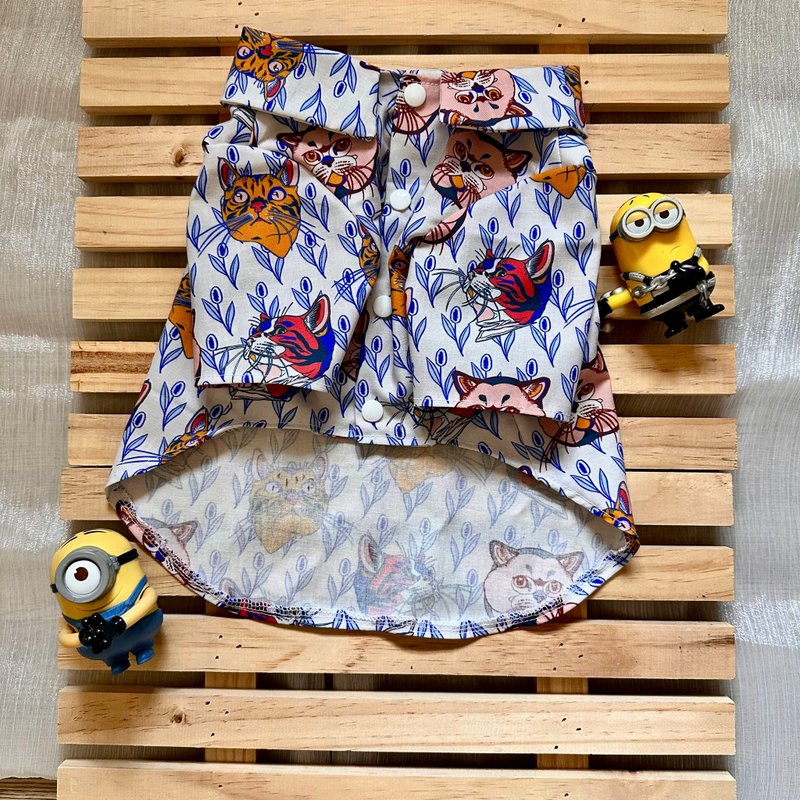 猫猫宠物压扣式花衬衫 - 衣/帽 - 棉．麻 白色