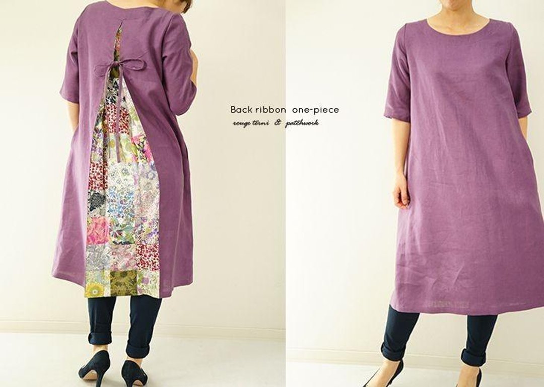 Liberty patchwork and linen of the back ribbon Piece / Rouge Terni a7-24-1 - 洋装/连衣裙 - 棉 紫色