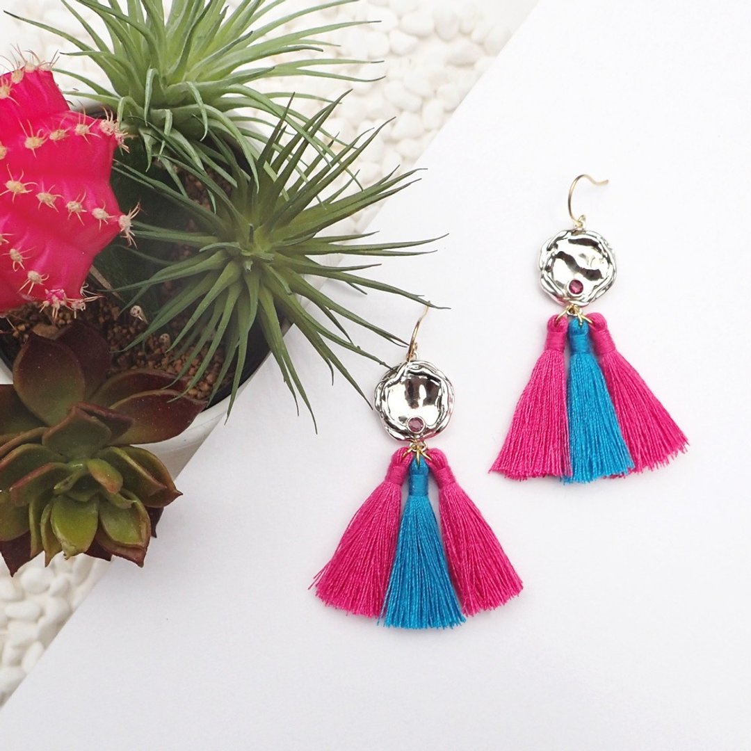 Bicolor Tassel Earrings - 耳环/耳夹 - 纯银 粉红色