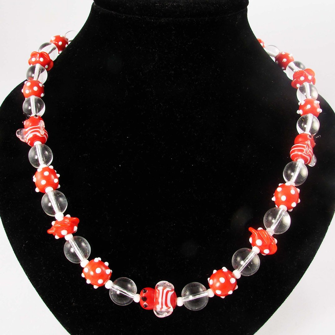 Red Clear White Bird Polka Dot Lampwork Glass Beaded Necklace Woman Jewelry Gift - 项链 - 玻璃 红色