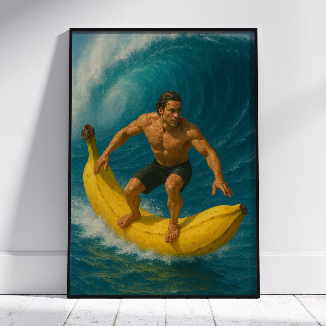 超现实香蕉冲浪男子数字艺术幽默海浪海报 - 电子手绘真人画像/绘画/插画 - 其他材质 