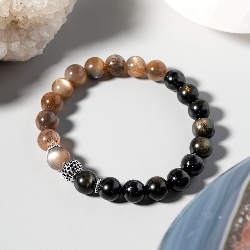 黑太阳石金沙黑曜石925银水晶手链 - 手链/手环 - 水晶 黑色