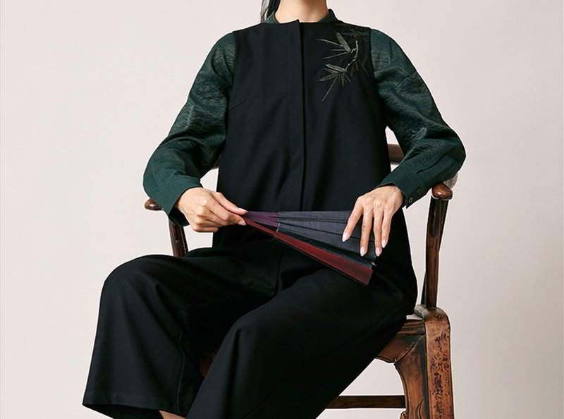 【竹瘦】新中式复古 刺绣竹叶/垂坠连身裤 - 背带裤/连体裤 - 其他材质 黑色