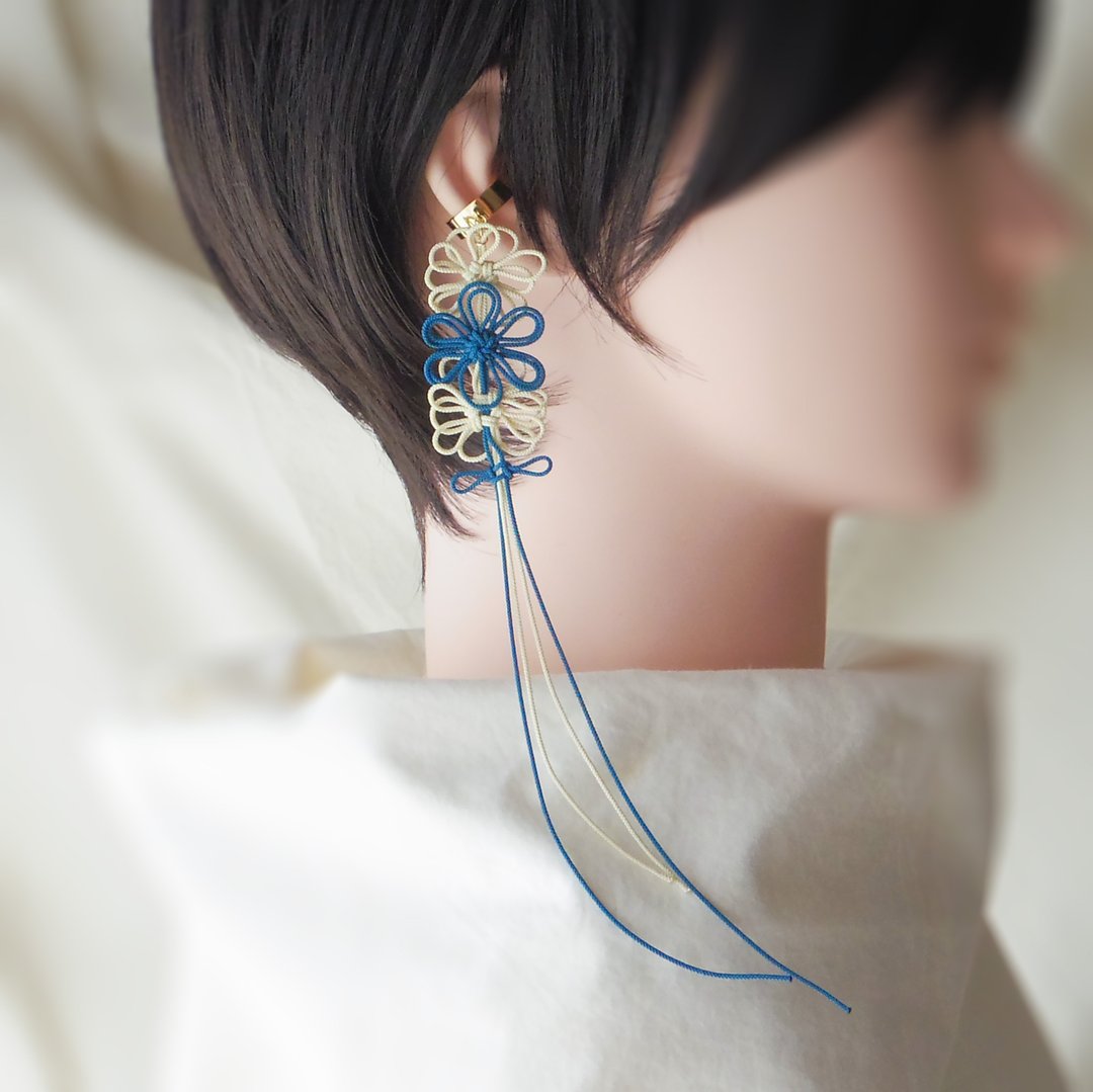 饰品绳结单边耳夹 澄、花 Various、祝词【轻巧・日式纹样】适合浴衣、和服、日常穿搭。 - 耳环/耳夹 - 其他金属 蓝色