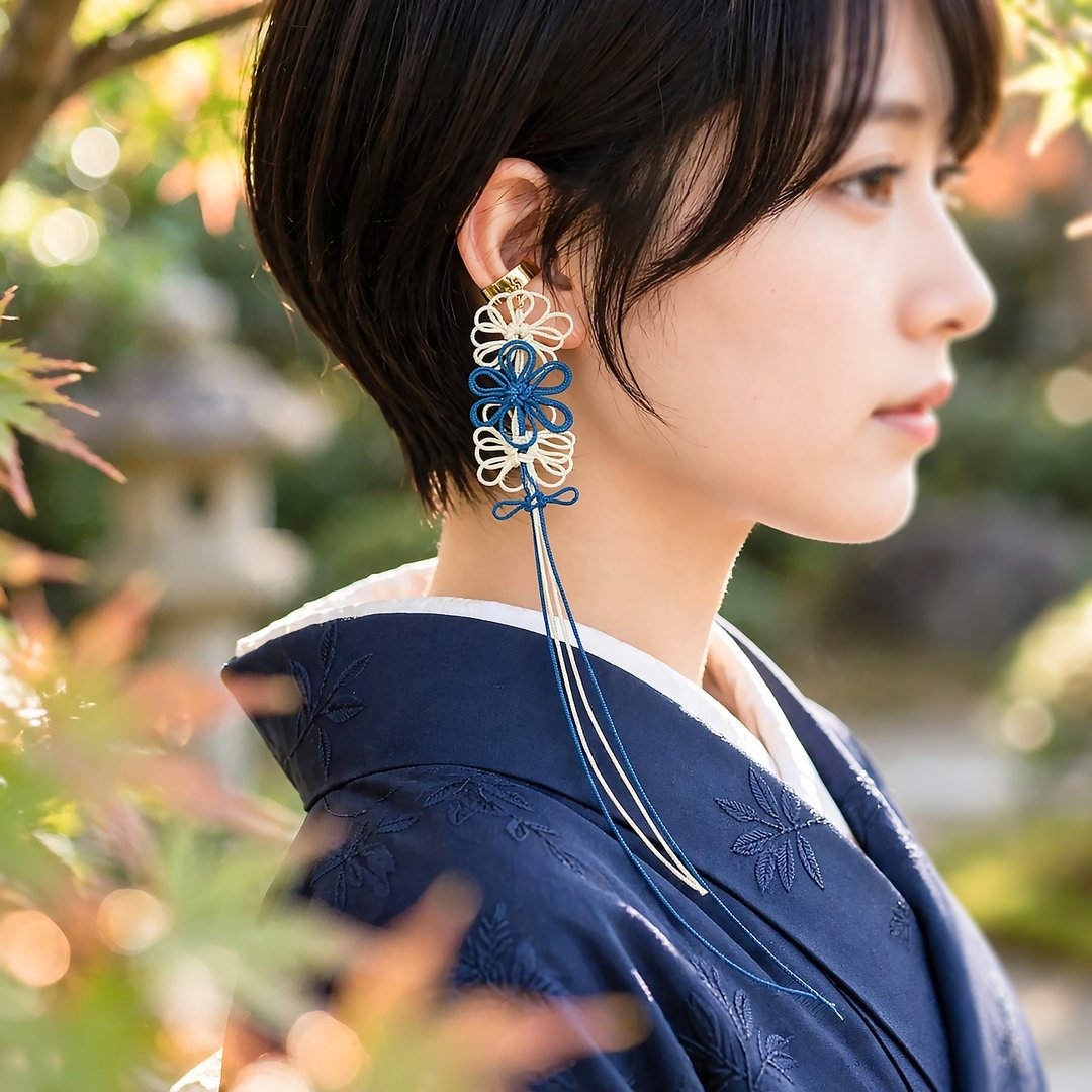 饰品绳结单边耳夹 澄、花 Various、祝词【轻巧・日式纹样】适合浴衣、和服、日常穿搭。 - 耳环/耳夹 - 其他金属 蓝色