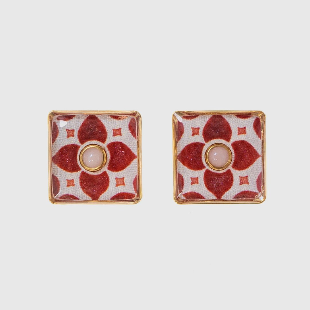 耳环 | Talavera Tile 时光花砖 - 玛瑙红 - 耳环/耳夹 - 树脂 红色