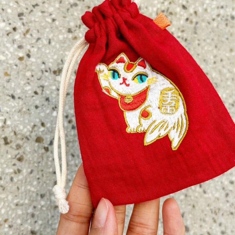 藏宝袋/束口袋  Lucky fishcat -正红色 招财小物 - 化妆包/杂物包 - 棉．麻 红色