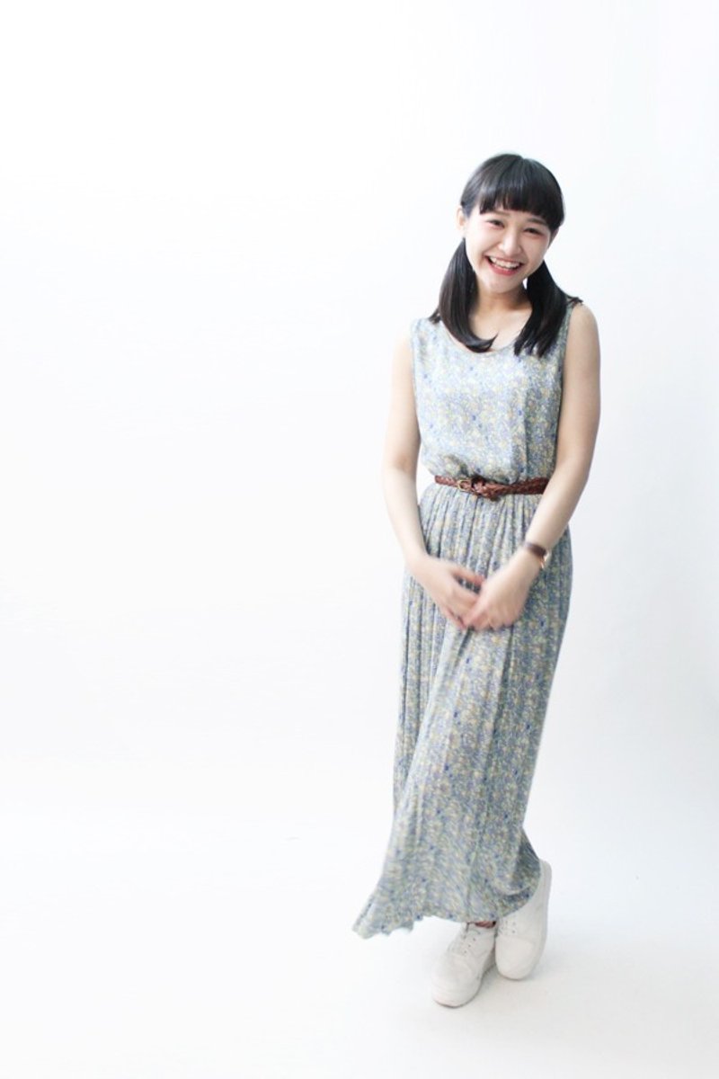 【RE0406D662】美国空运蓝色系清新小花朵无袖古着洋装 - 洋装/连衣裙 - 其他材质 绿色