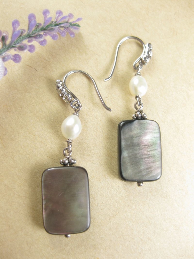 纯银设计耳环 珍珠+锆石+鲍鱼贝(耳勾) - 耳环/耳夹 - 贝壳 灰色