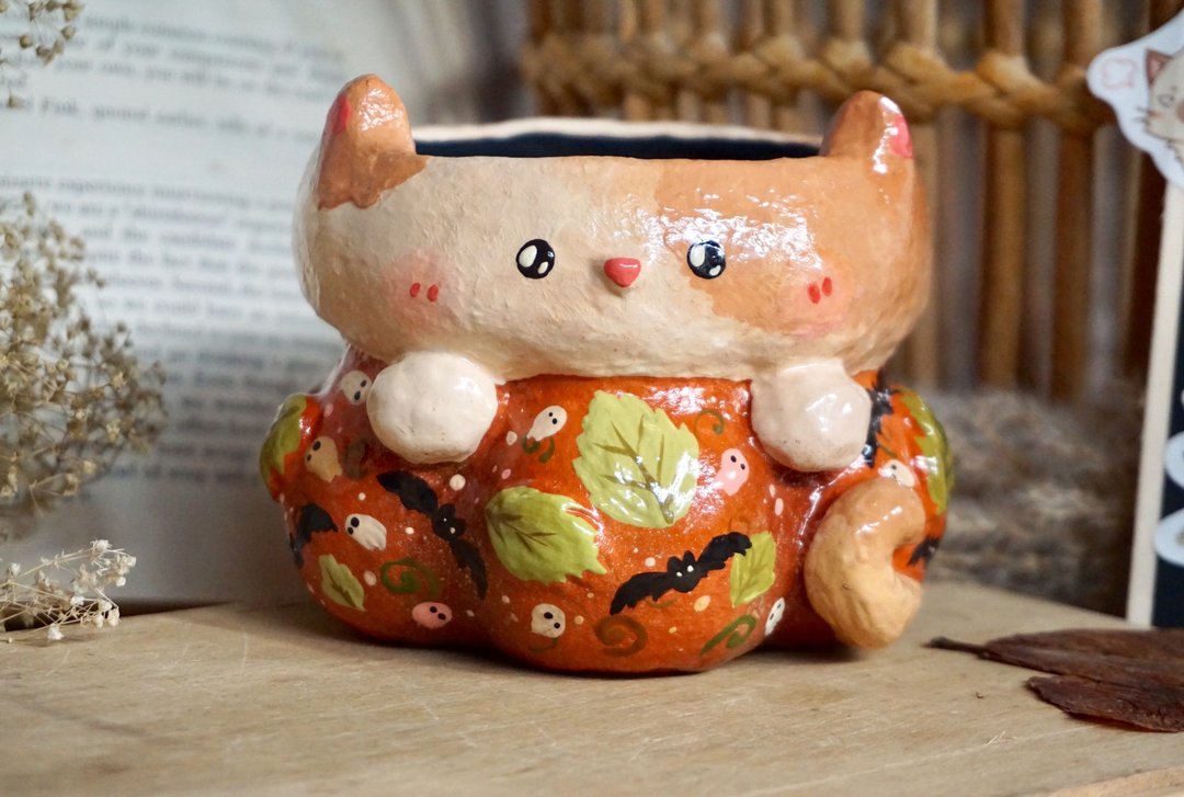 Pumpkin Cat Planter / Halloween Pot / Halloween Décor / Houseplant Pot - 花瓶/陶器 - 陶 橘色