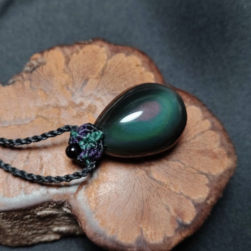 彩虹黑曜石 - 蜡线编织/项链可调整长度 - 项链 - 半宝石 黑色