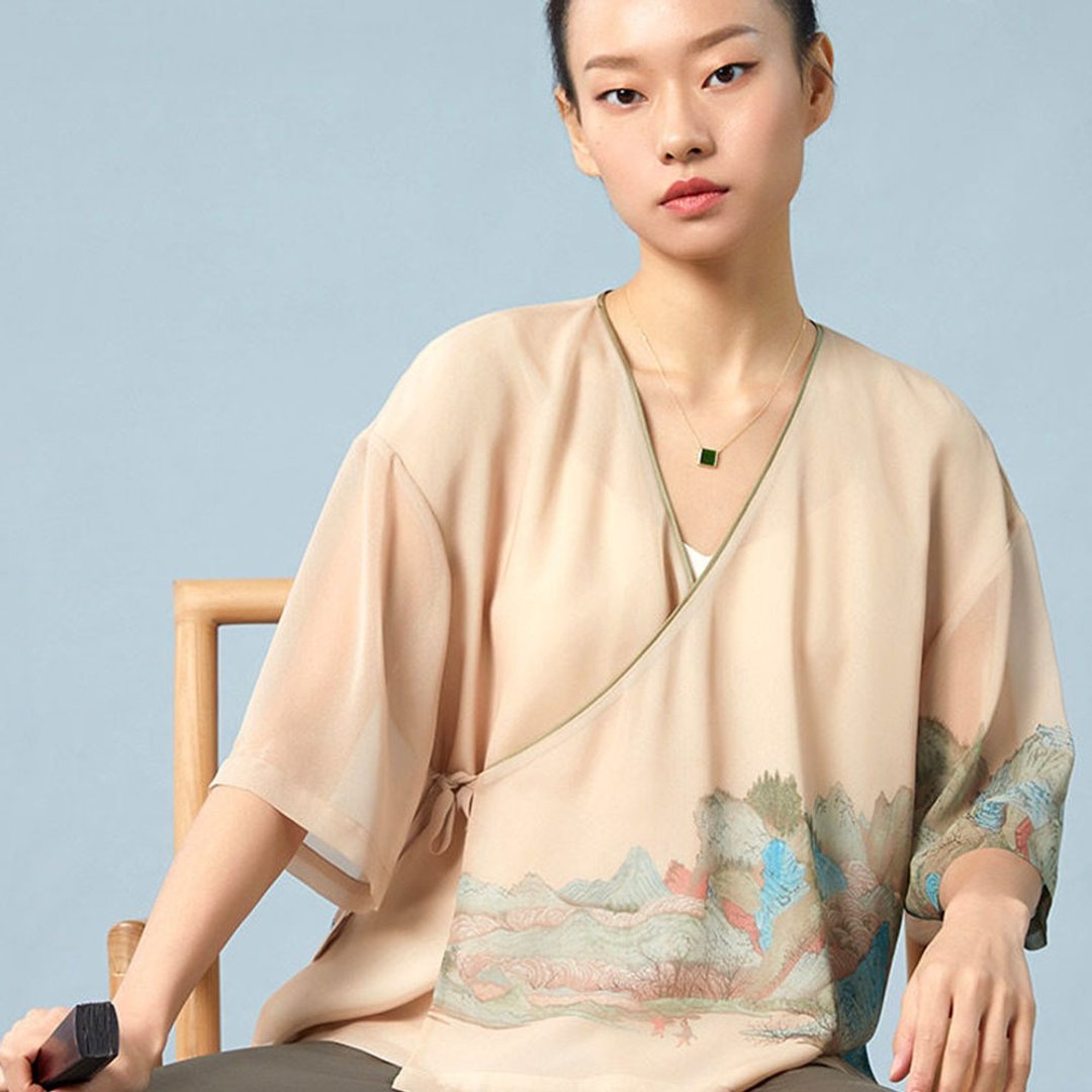 新中式交領上衣 / 復古印花短漢服 / 禪意中國風茶服 - 女装上衣 - 其他材质 粉红色