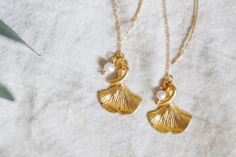 银杏长耳环 Ginkgo  镀18kgf 秋天 叶子  礼物 生日 手作 可改夹 - 耳环/耳夹 - 其他金属 金色