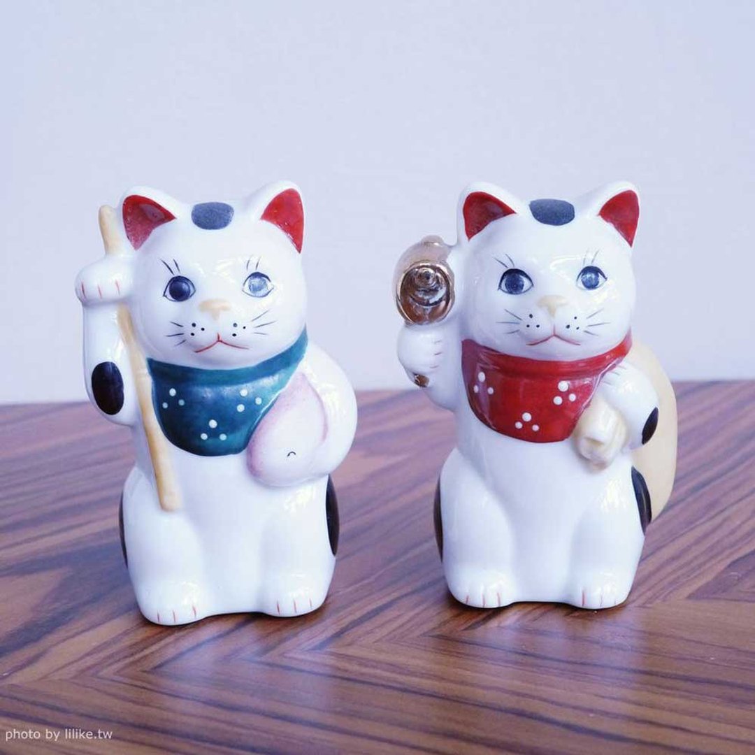 大黑惠比寿招财猫 成对 - 摆饰 - 陶 白色