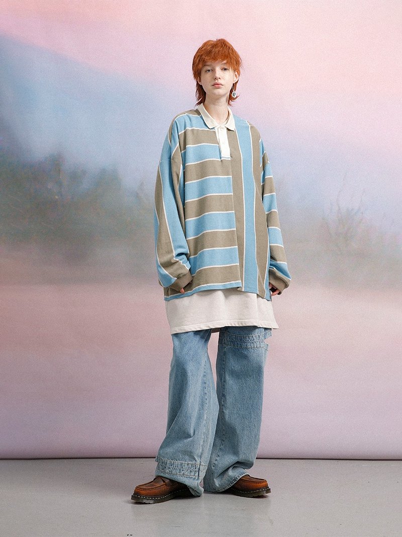 UNVESNO复古宽松 Polo领长袖 春季条纹T恤 情侣款 SWS-1320 - 男装上衣/T 恤 - 棉．麻 