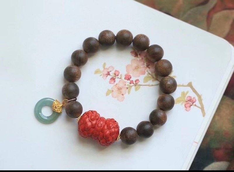 11mm天然沈香 沈香 朱砂双头莲花危料蓝水平安扣设计手串hs - 手链/手环 - 木头 咖啡色