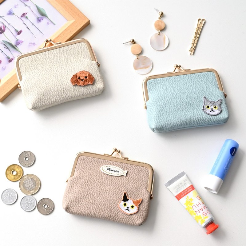 口金包【 simple 贴布 猫 狗 】可刻名 迷你钱包 小物收纳多功能包 A299I - 化妆包/杂物包 - 真皮 咖啡色