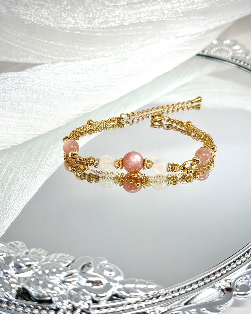 月映澄光气质双链手链 - 18K金医疗钢配饰/澄月光/白月光 - 手链/手环 - 水晶 粉红色