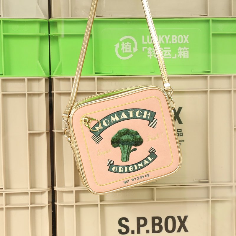 NoMatch不合设计复古西兰花罐头素食主义重工刺绣挎包小方包 - 侧背包/斜挎包 - 人造皮革 粉红色