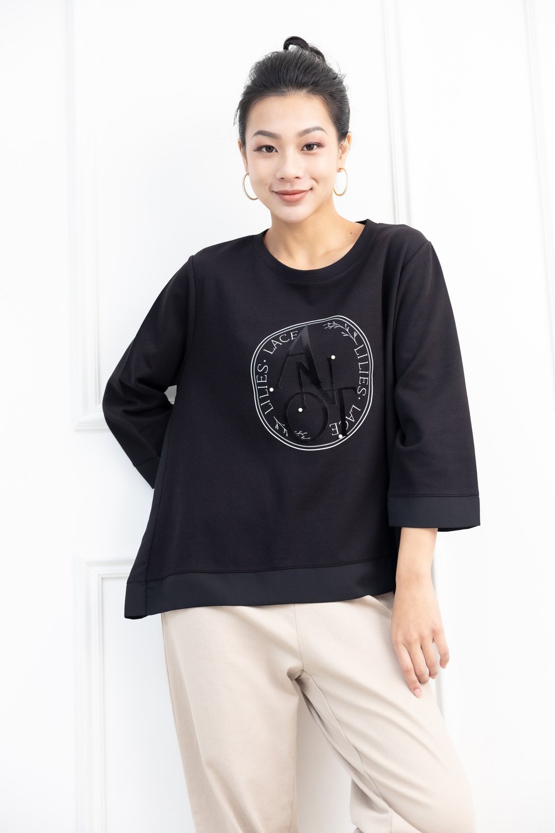 圆框ANOT珍珠异材质拼接上衣 黑色 - 女装上衣 - 其他材质 黑色