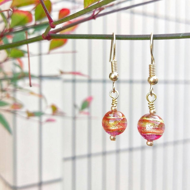 迷你糖果球耳环 手作金箔琉璃珠耳环 可改耳夹 - 耳环/耳夹 - 玻璃 粉红色