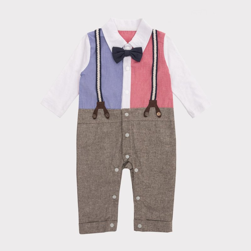 George系列吊带跳色长袖连身衣 - 包屁衣/连体衣 - 棉．麻 卡其色