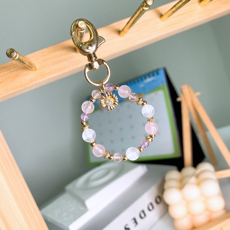 野菊  透石膏 粉晶 草莓晶 薰衣草紫水晶 水晶天然石矿石钥匙圈 - 钥匙链/钥匙包 - 水晶 粉红色