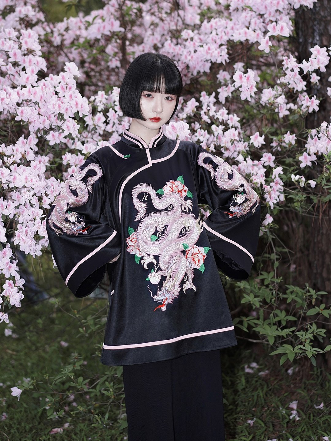 原创设计新中式粉色玉山茶龙刺绣旗袍中华风复古上衣 - 女装上衣 - 其他材质 黑色