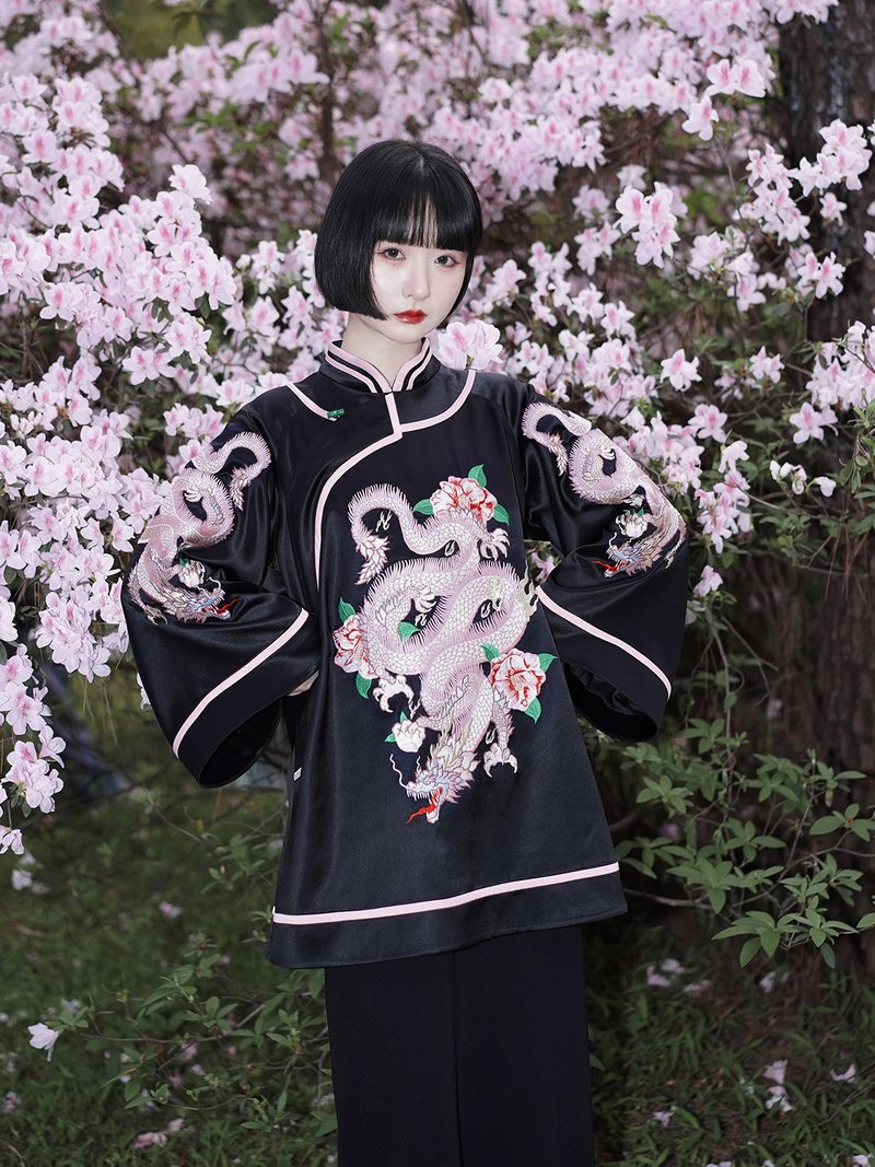 原创设计新中式粉色玉山茶龙刺绣旗袍中华风复古上衣 - 女装上衣 - 其他材质 黑色